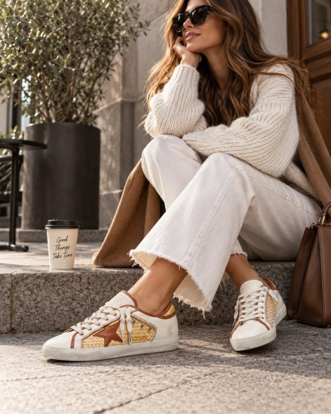 Женские кеды Golden Goose Superstar in White Leather and Raffia with Brick-Red Star and Inserts