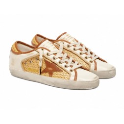Golden Goose Superstar in White Leather and Raffia with Brick-Red Star and Inserts