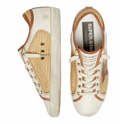 Golden Goose Superstar in White Leather and Raffia with Brick-Red Star and Inserts