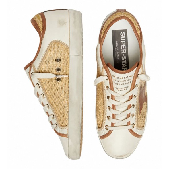 Женские кеды Golden Goose Superstar in White Leather and Raffia with Brick-Red Star and Inserts