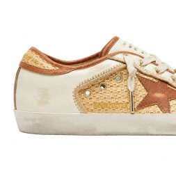 Golden Goose Superstar in White Leather and Raffia with Brick-Red Star and Inserts
