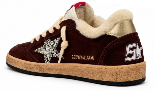 Женские зимние кеды Golden Goose Ball-Star Winter Brown Shearling With Silver Glitter Star