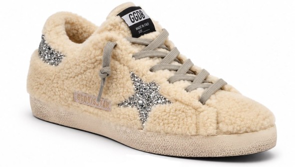 Женские зимние кеды Golden Goose Super-Star Winter Beige Shearling Glittered