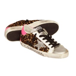 Golden Goose Superstar in Leopard Pint with Silver Glitter Star and Fuchsia Heel Tab