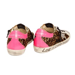 Golden Goose Superstar in Leopard Pint with Silver Glitter Star and Fuchsia Heel Tab