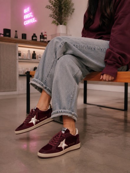 Женские кеды Golden Goose Ball Star Velvet Ruby Red with Silver Star and Heel Tab