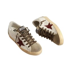 Golden Goose Superstar Burgundy Glitter Star and Silver Heel Tab