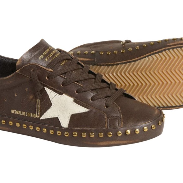 Женские кеды Golden Goose Superstar in Brown Leather with Cream Suede Star and Studs