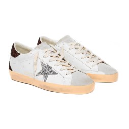 Golden Goose Superstar Silver Star and Brown Glitter Heel Tab